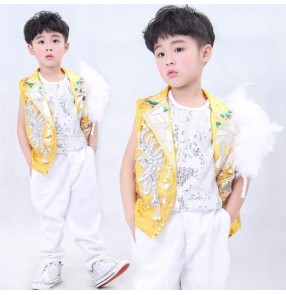  Custom size children boys gold silver sequins rapper singers street hiphop jazz dance costumes for kids boys drum costumes model show vest stage host outfits